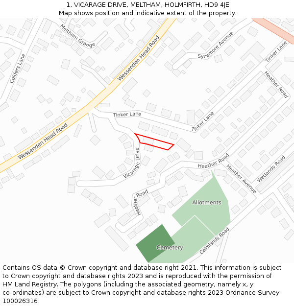 1, VICARAGE DRIVE, MELTHAM, HOLMFIRTH, HD9 4JE: Location map and indicative extent of plot