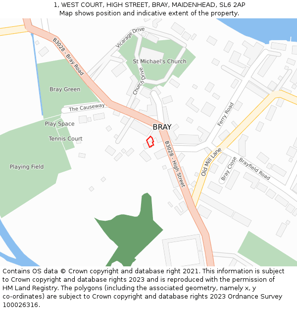 1, WEST COURT, HIGH STREET, BRAY, MAIDENHEAD, SL6 2AP: Location map and indicative extent of plot