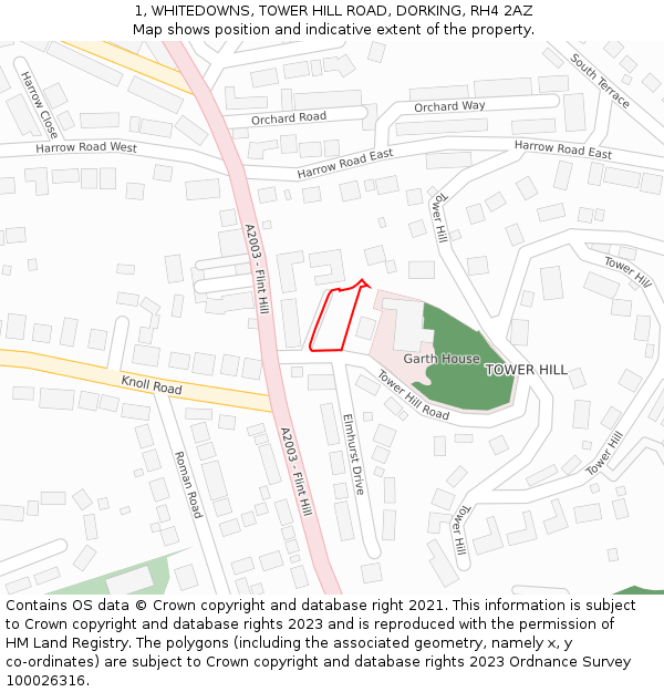 1, WHITEDOWNS, TOWER HILL ROAD, DORKING, RH4 2AZ: Location map and indicative extent of plot