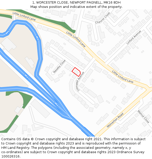 1, WORCESTER CLOSE, NEWPORT PAGNELL, MK16 8DH: Location map and indicative extent of plot