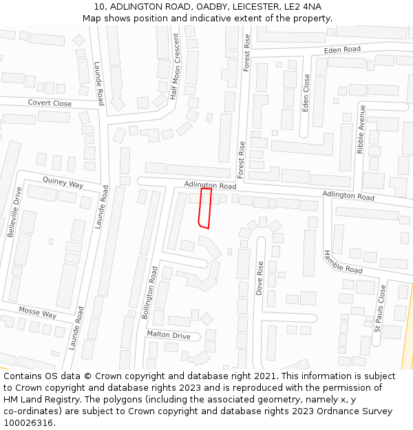 10, ADLINGTON ROAD, OADBY, LEICESTER, LE2 4NA: Location map and indicative extent of plot