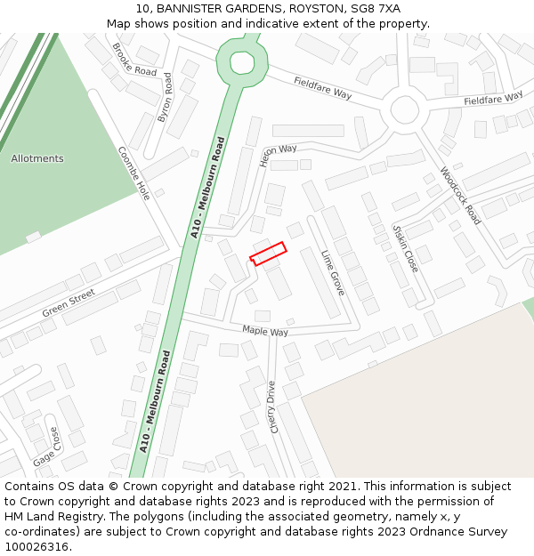 10, BANNISTER GARDENS, ROYSTON, SG8 7XA: Location map and indicative extent of plot