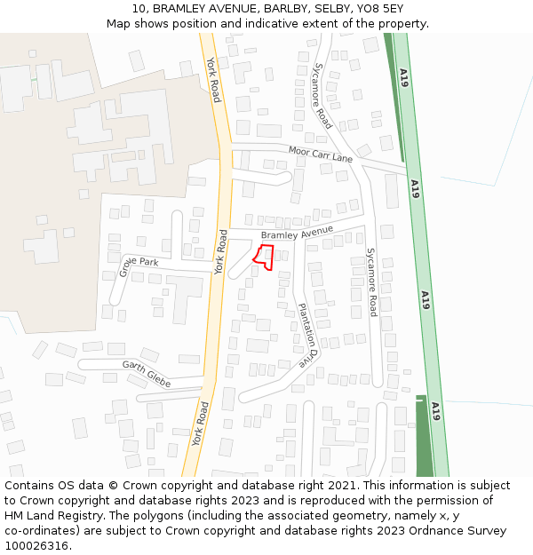 10, BRAMLEY AVENUE, BARLBY, SELBY, YO8 5EY: Location map and indicative extent of plot