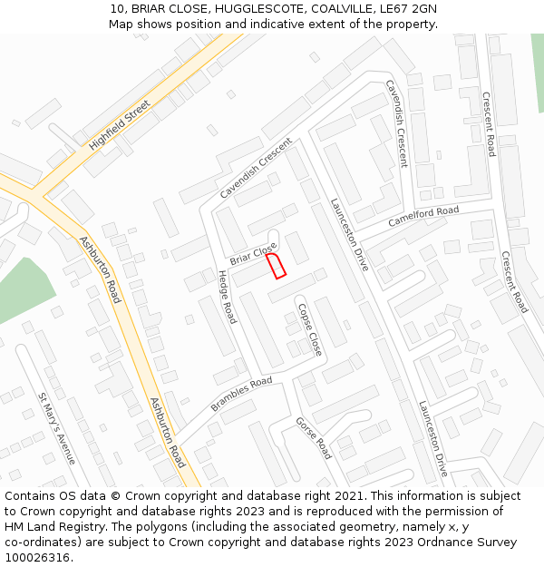 10, BRIAR CLOSE, HUGGLESCOTE, COALVILLE, LE67 2GN: Location map and indicative extent of plot