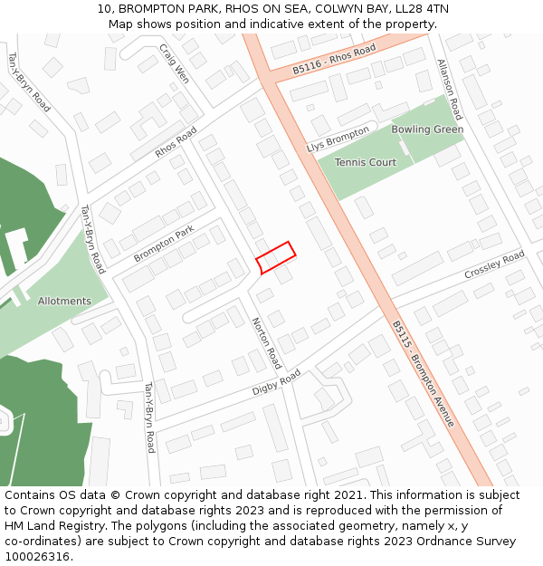 10, BROMPTON PARK, RHOS ON SEA, COLWYN BAY, LL28 4TN: Location map and indicative extent of plot