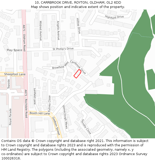 10, CARRBROOK DRIVE, ROYTON, OLDHAM, OL2 6DD: Location map and indicative extent of plot