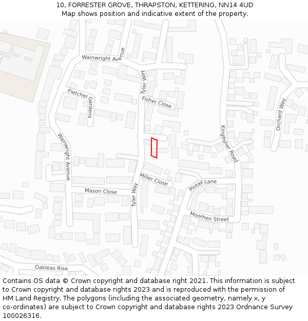 10, FORRESTER GROVE, THRAPSTON, KETTERING, NN14 4UD: Location map and indicative extent of plot