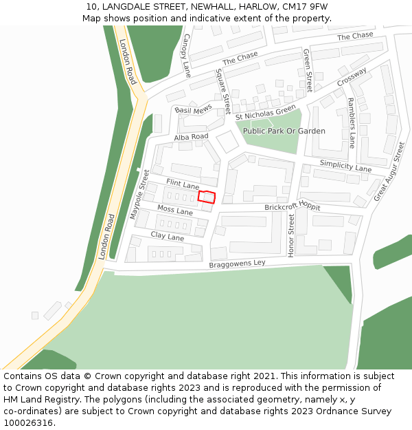 10, LANGDALE STREET, NEWHALL, HARLOW, CM17 9FW: Location map and indicative extent of plot