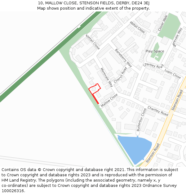 10, MALLOW CLOSE, STENSON FIELDS, DERBY, DE24 3EJ: Location map and indicative extent of plot