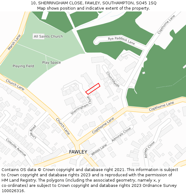 10, SHERRINGHAM CLOSE, FAWLEY, SOUTHAMPTON, SO45 1SQ: Location map and indicative extent of plot