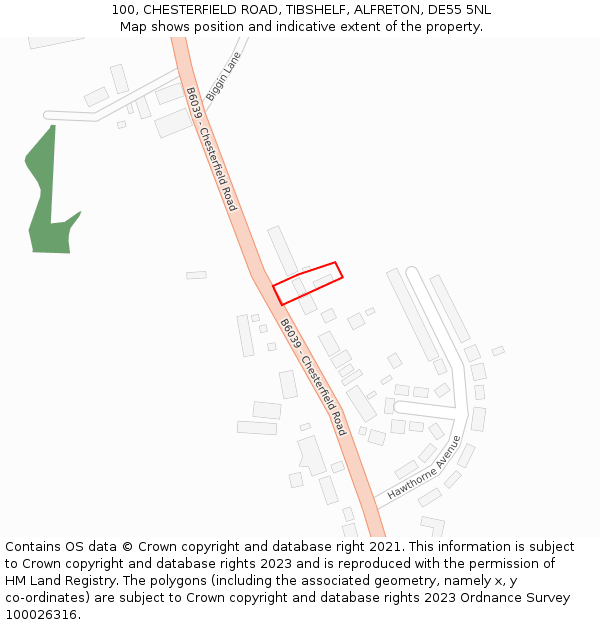 100, CHESTERFIELD ROAD, TIBSHELF, ALFRETON, DE55 5NL: Location map and indicative extent of plot