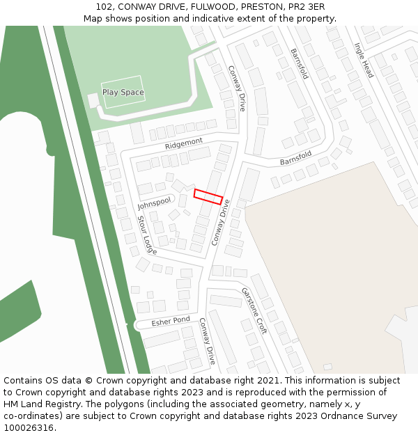 102, CONWAY DRIVE, FULWOOD, PRESTON, PR2 3ER: Location map and indicative extent of plot