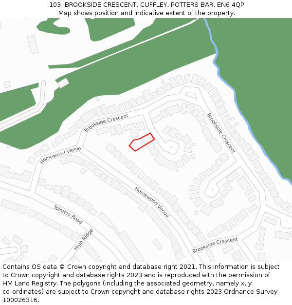 103, BROOKSIDE CRESCENT, CUFFLEY, POTTERS BAR, EN6 4QP: Location map and indicative extent of plot