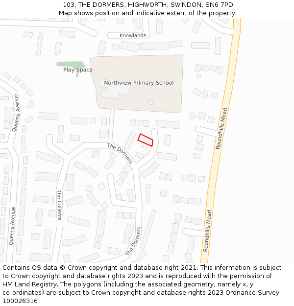 103, THE DORMERS, HIGHWORTH, SWINDON, SN6 7PD: Location map and indicative extent of plot