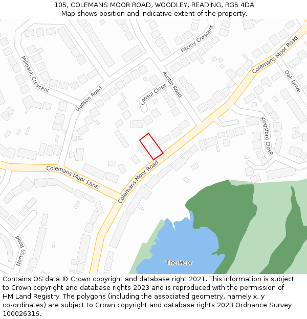 105, COLEMANS MOOR ROAD, WOODLEY, READING, RG5 4DA: Location map and indicative extent of plot