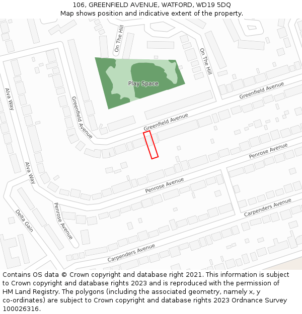 106, GREENFIELD AVENUE, WATFORD, WD19 5DQ: Location map and indicative extent of plot