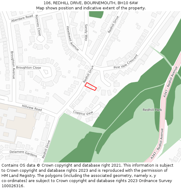 106, REDHILL DRIVE, BOURNEMOUTH, BH10 6AW: Location map and indicative extent of plot