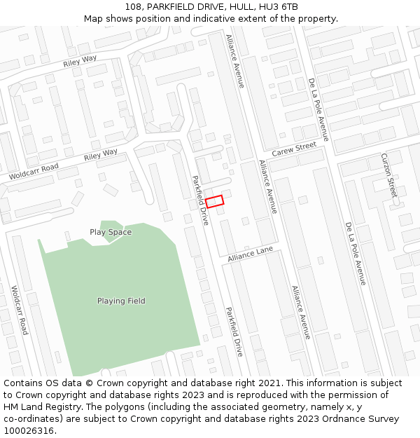 108, PARKFIELD DRIVE, HULL, HU3 6TB: Location map and indicative extent of plot