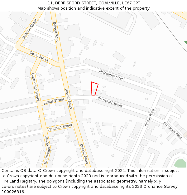 11, BERRISFORD STREET, COALVILLE, LE67 3PT: Location map and indicative extent of plot