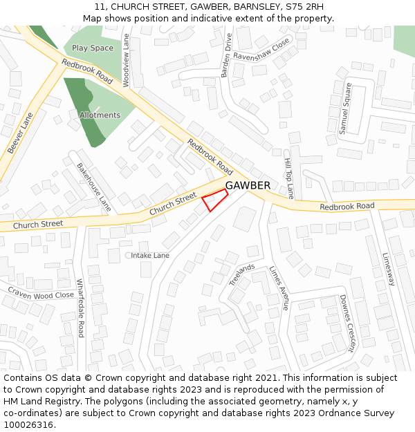 11, CHURCH STREET, GAWBER, BARNSLEY, S75 2RH: Location map and indicative extent of plot