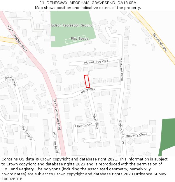 11, DENESWAY, MEOPHAM, GRAVESEND, DA13 0EA: Location map and indicative extent of plot