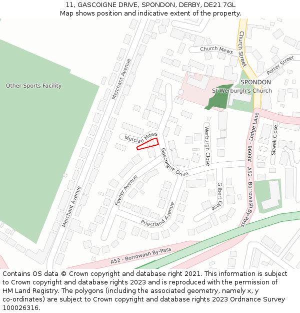 11, GASCOIGNE DRIVE, SPONDON, DERBY, DE21 7GL: Location map and indicative extent of plot