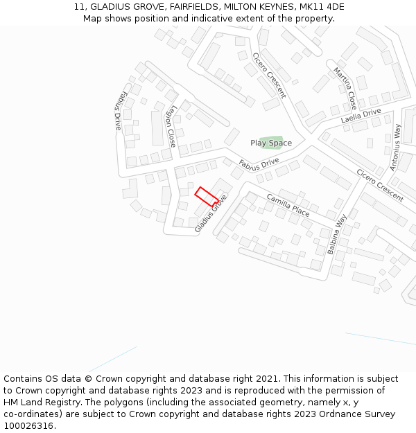 11, GLADIUS GROVE, FAIRFIELDS, MILTON KEYNES, MK11 4DE: Location map and indicative extent of plot