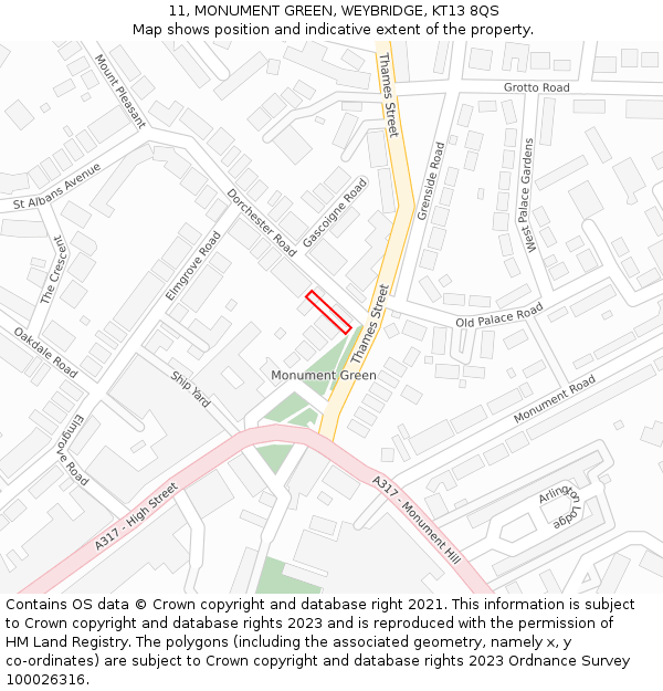 11, MONUMENT GREEN, WEYBRIDGE, KT13 8QS: Location map and indicative extent of plot