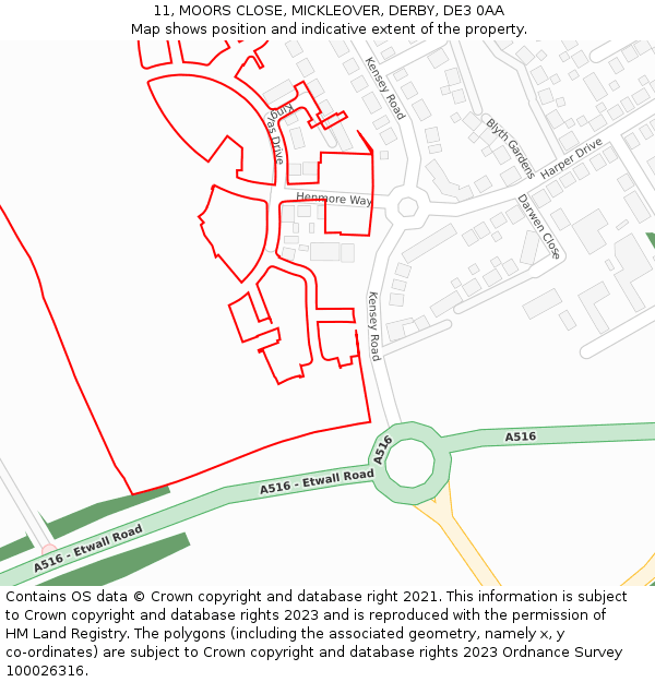 11, MOORS CLOSE, MICKLEOVER, DERBY, DE3 0AA: Location map and indicative extent of plot