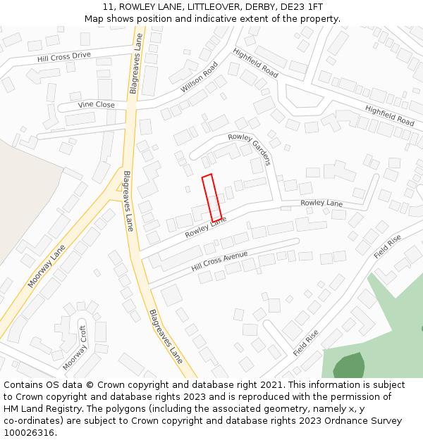 11, ROWLEY LANE, LITTLEOVER, DERBY, DE23 1FT: Location map and indicative extent of plot