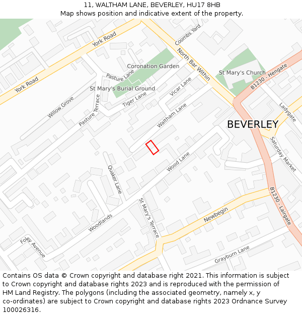 11, WALTHAM LANE, BEVERLEY, HU17 8HB: Location map and indicative extent of plot