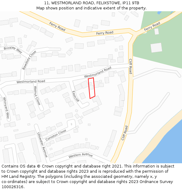 11, WESTMORLAND ROAD, FELIXSTOWE, IP11 9TB: Location map and indicative extent of plot