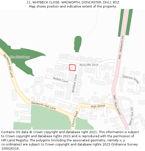 11, WHITBECK CLOSE, WADWORTH, DONCASTER, DN11 9DZ: Location map and indicative extent of plot