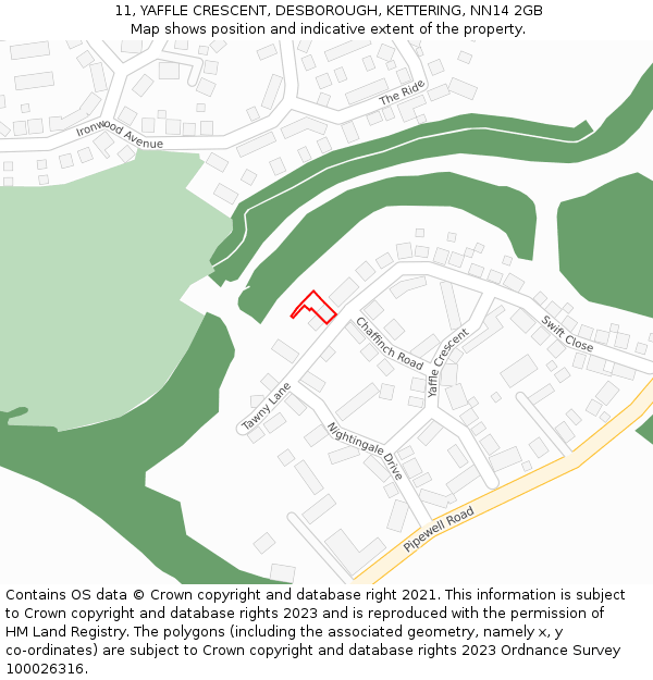 11, YAFFLE CRESCENT, DESBOROUGH, KETTERING, NN14 2GB: Location map and indicative extent of plot