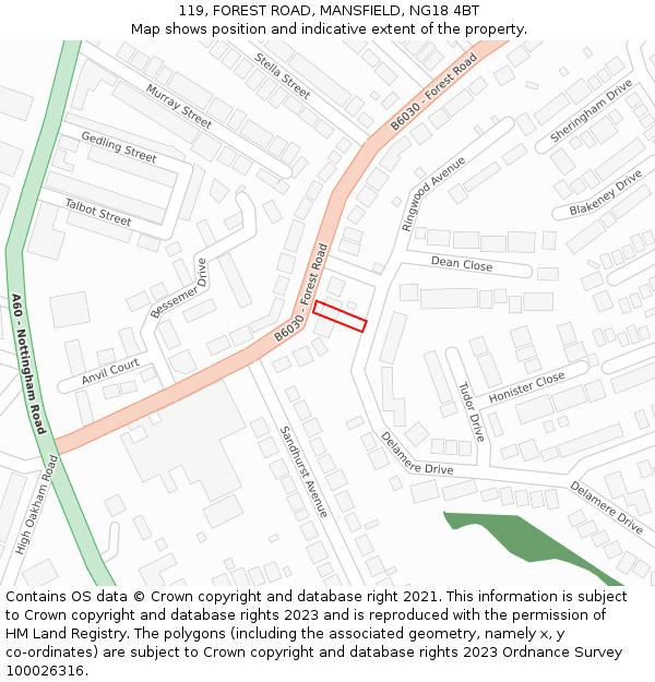 119, FOREST ROAD, MANSFIELD, NG18 4BT: Location map and indicative extent of plot