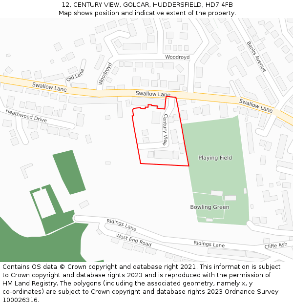 12, CENTURY VIEW, GOLCAR, HUDDERSFIELD, HD7 4FB: Location map and indicative extent of plot