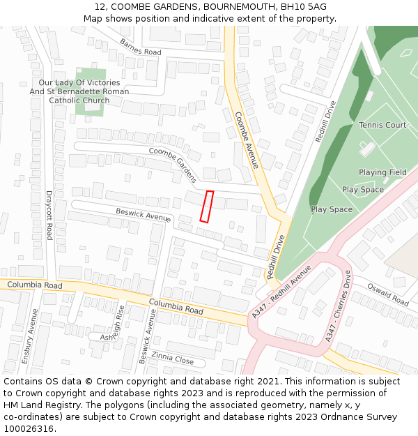 12, COOMBE GARDENS, BOURNEMOUTH, BH10 5AG: Location map and indicative extent of plot