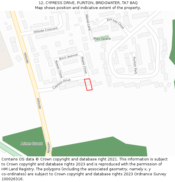 12, CYPRESS DRIVE, PURITON, BRIDGWATER, TA7 8AQ: Location map and indicative extent of plot