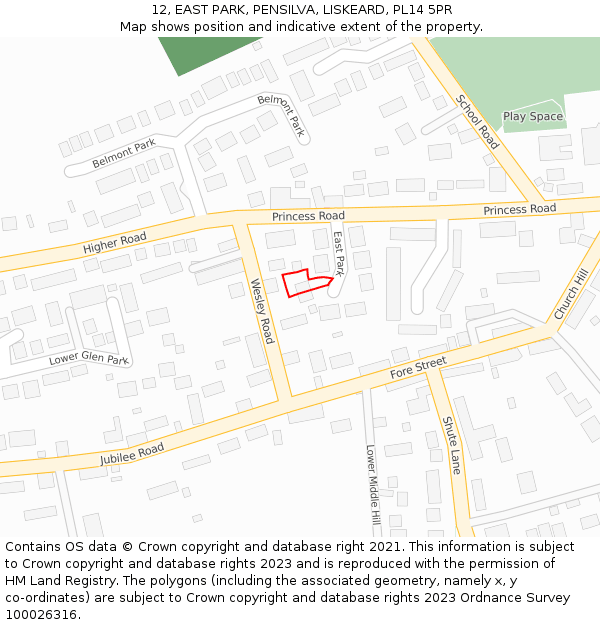 12, EAST PARK, PENSILVA, LISKEARD, PL14 5PR: Location map and indicative extent of plot