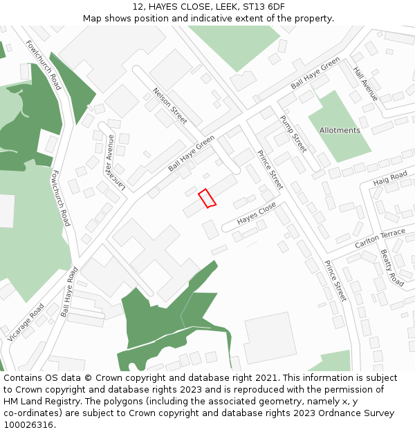 12, HAYES CLOSE, LEEK, ST13 6DF: Location map and indicative extent of plot