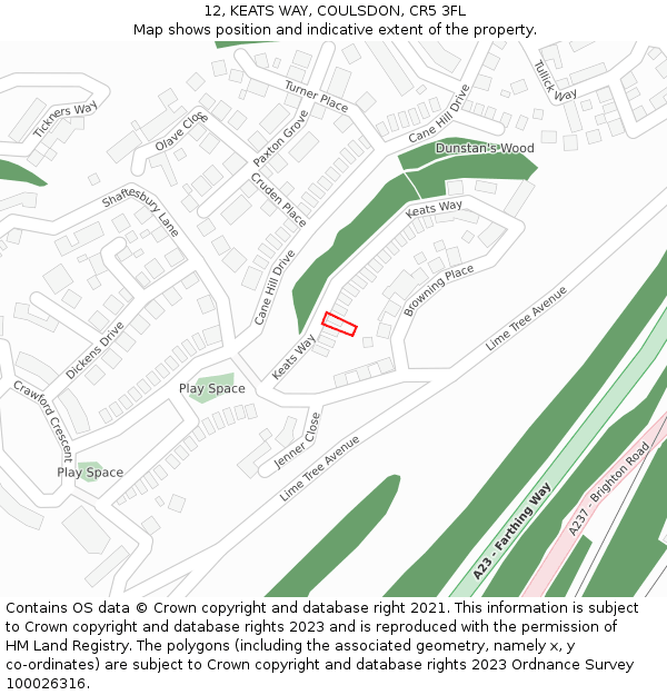 12, KEATS WAY, COULSDON, CR5 3FL: Location map and indicative extent of plot