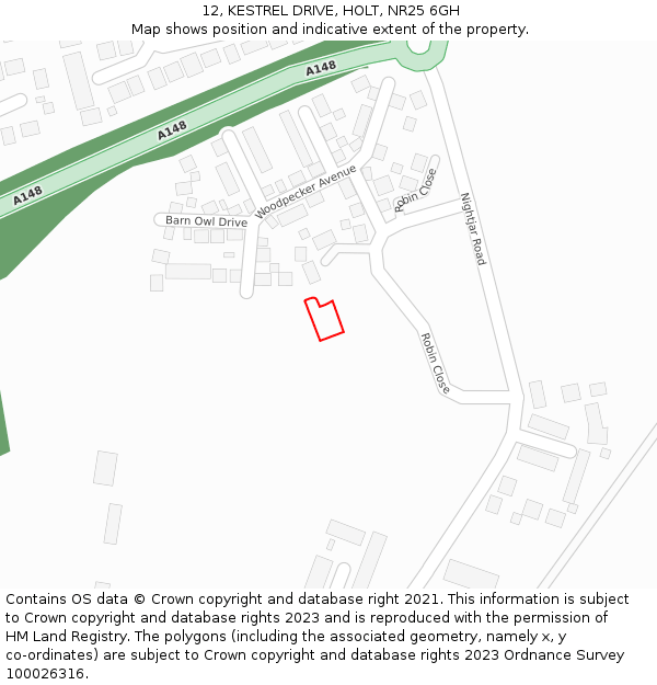 12, KESTREL DRIVE, HOLT, NR25 6GH: Location map and indicative extent of plot