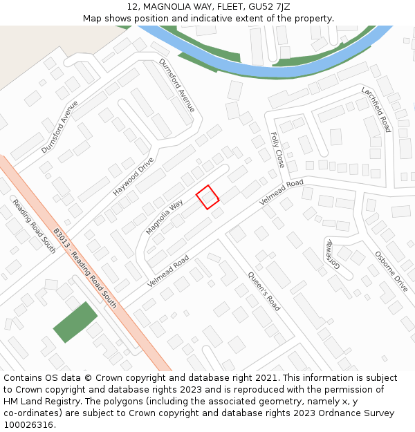 12, MAGNOLIA WAY, FLEET, GU52 7JZ: Location map and indicative extent of plot