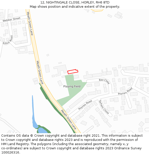 12, NIGHTINGALE CLOSE, HORLEY, RH6 8TD: Location map and indicative extent of plot