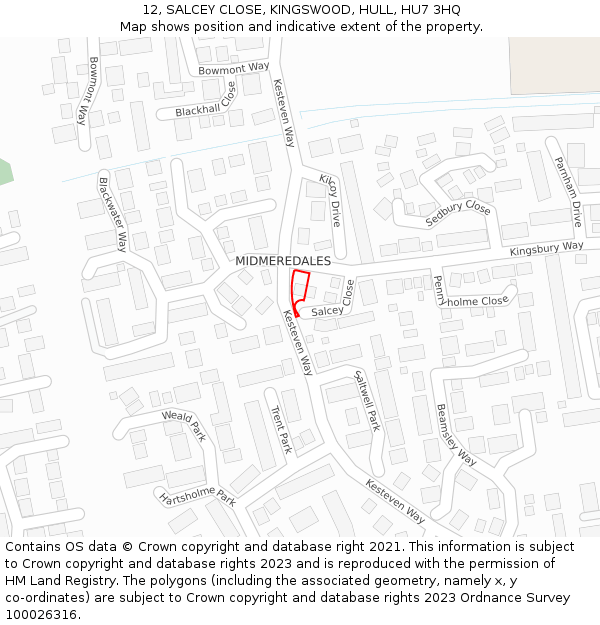 12, SALCEY CLOSE, KINGSWOOD, HULL, HU7 3HQ: Location map and indicative extent of plot