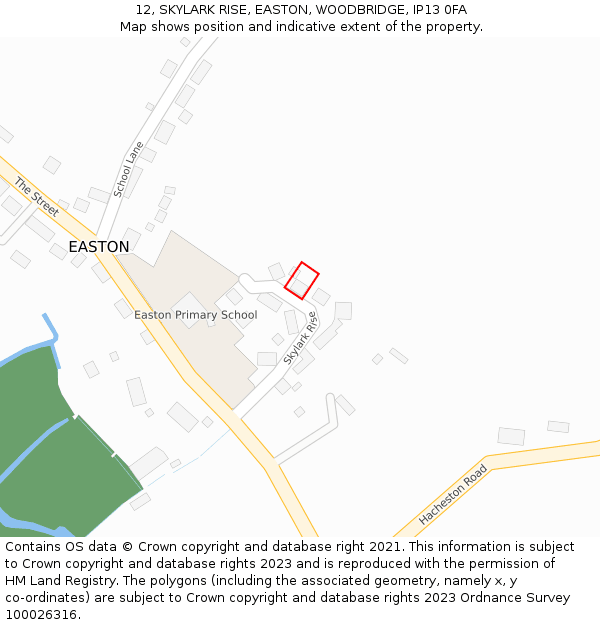 12, SKYLARK RISE, EASTON, WOODBRIDGE, IP13 0FA: Location map and indicative extent of plot