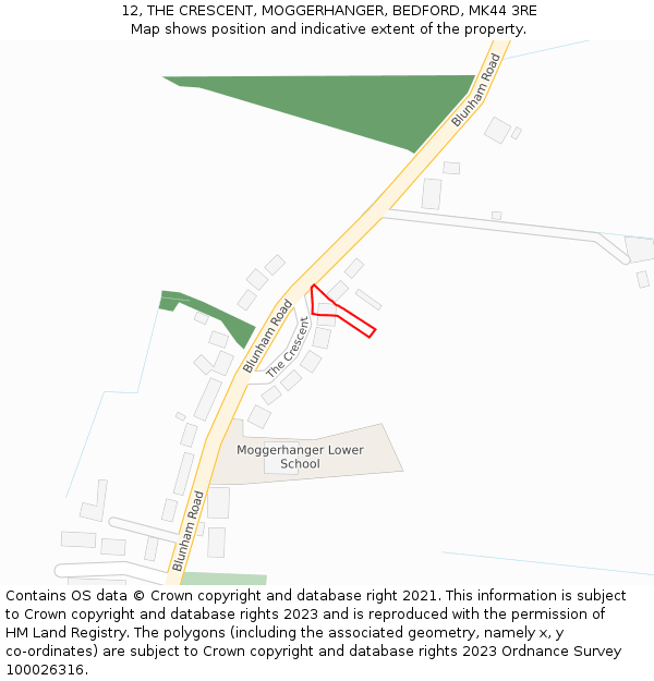 12, THE CRESCENT, MOGGERHANGER, BEDFORD, MK44 3RE: Location map and indicative extent of plot