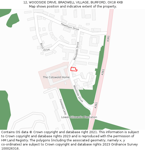 12, WOODSIDE DRIVE, BRADWELL VILLAGE, BURFORD, OX18 4XB: Location map and indicative extent of plot