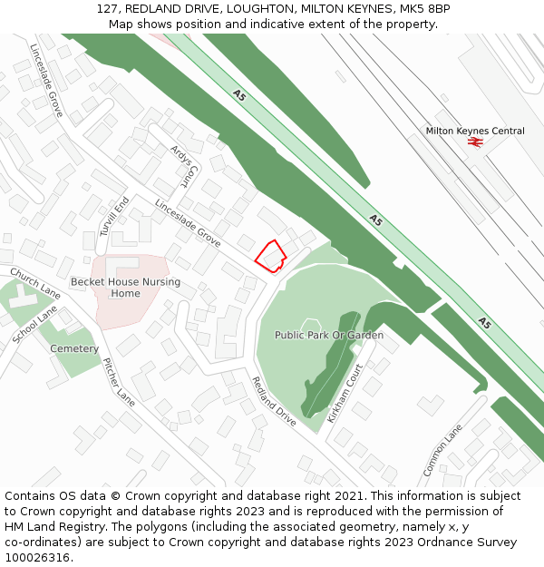 127, REDLAND DRIVE, LOUGHTON, MILTON KEYNES, MK5 8BP: Location map and indicative extent of plot