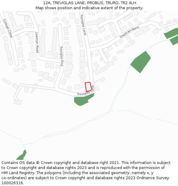 12A, TREVIGLAS LANE, PROBUS, TRURO, TR2 4LH: Location map and indicative extent of plot